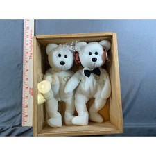 Retired Ty Beanie Babies Mr Mrs Wedding Anniversary Bears White Plush Set Box