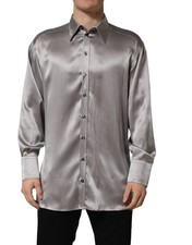 Dolce & Gabbana Metallic Grey Satin Silk Formal Dress Men's Shirt
