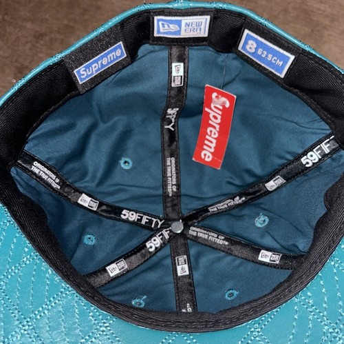 Supreme New Era Quilted Leather NEW YORK NY YANKEE Fitted Cap Hat Sz 8 TEAL - Picture 5 of 5