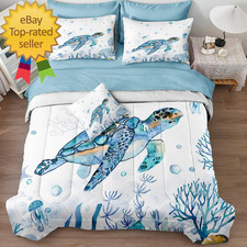 Sea Turtle Comforter Ocean Theme Bedding Set Full Size Bed in a Bag 8 Pieces