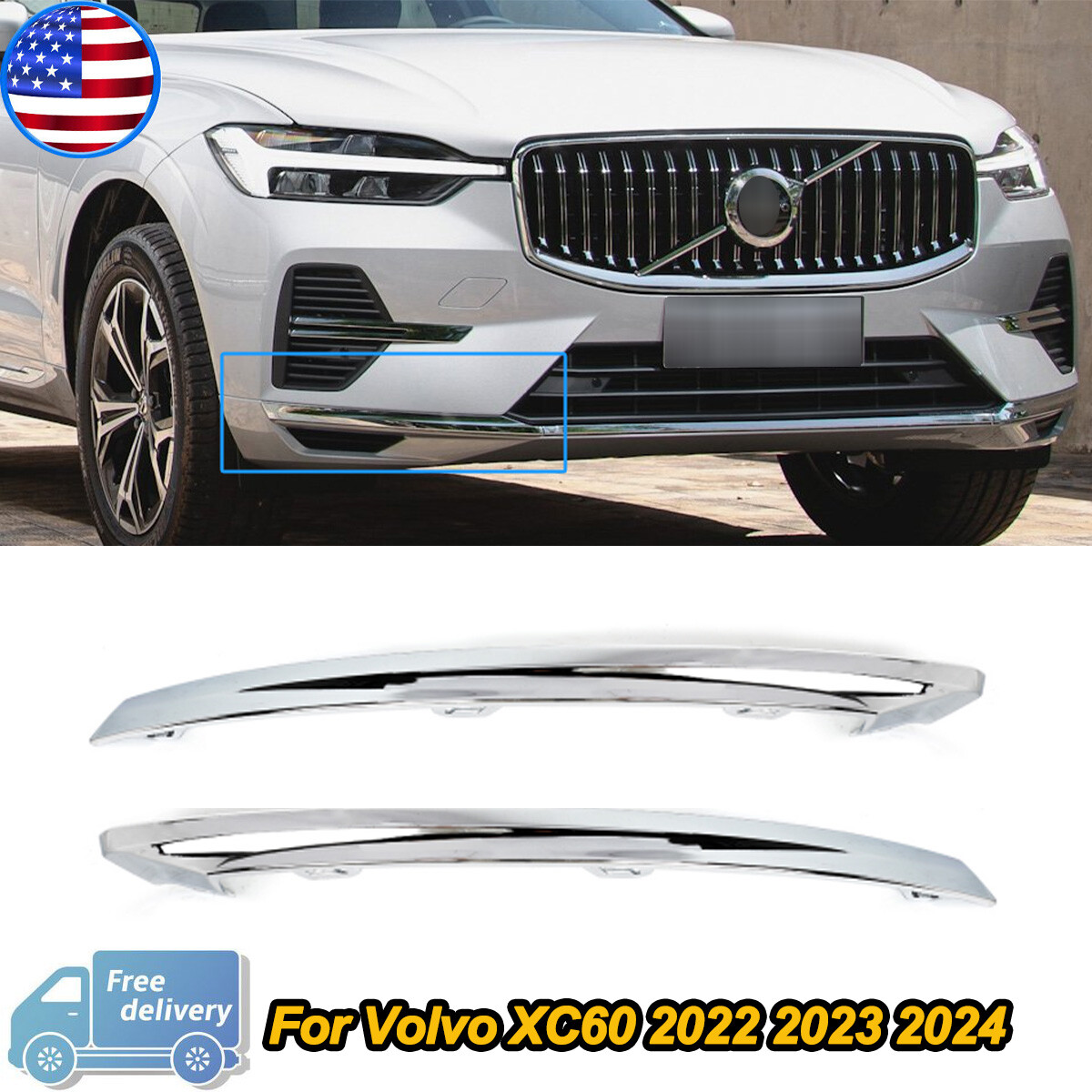 Volvo XC60 2022-2024 Chrome Front Bumper Guard Trim Cover Set Left Right
