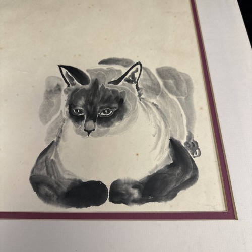 CHINESE GREY EYES CAT ORIGINAL WATERCOLOR PAINTING SIGNED - Picture 2 of 9