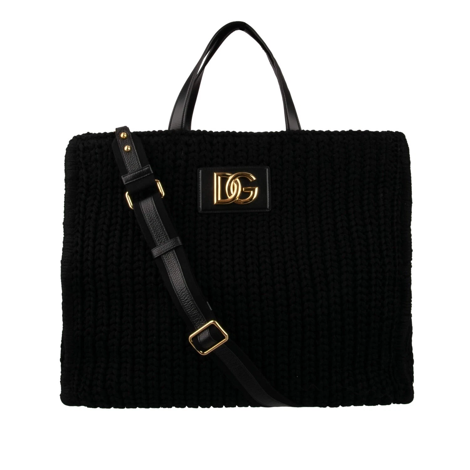 DOLCE & GABBANA Grand sac cabas bandoulière tricoté crochet avec logo DG noir