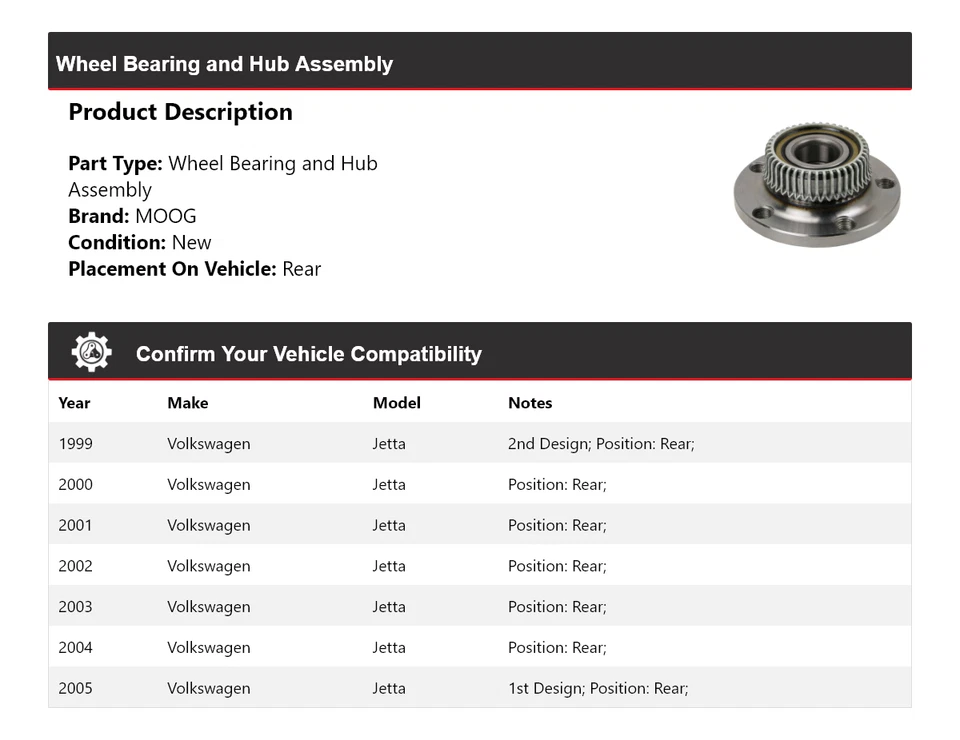 For 1999-2005 Volkswagen Jetta Wheel Bearing and Hub Assembly Rear MOOG 1999 - Image 2 of 4
