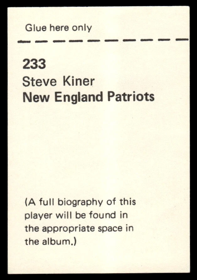 1972 NFLPA WONDERFUL WORLD STAMPS STEVE KINER 2 NEW ENGLAND PATRIOTS #233 - Image 2 of 2