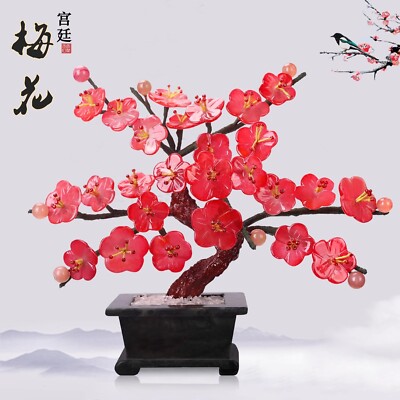 Gem Jade Plum Blossom Wintersweet Flower Bonsai Plant Tree Stone Pot Home Decor
