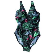 Kona Sol Tropical Print One-Piece Swimsuit Padded Cups Black  Green Womens Sz S