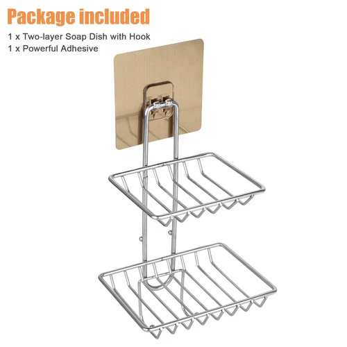Bathroom Double Tier Soap Dish Holder Wall Mounted Stainless Steel With Hook - Picture 10 of 10