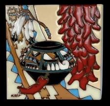 Earthtones Ristras Handmade Tile Trivet Kitchen Art CHILI’S & Pottery Signed 6x6