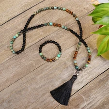 108 Mala Beads African Turquoise Obsidian Tiger's Eye Tassel Necklace Bracelet