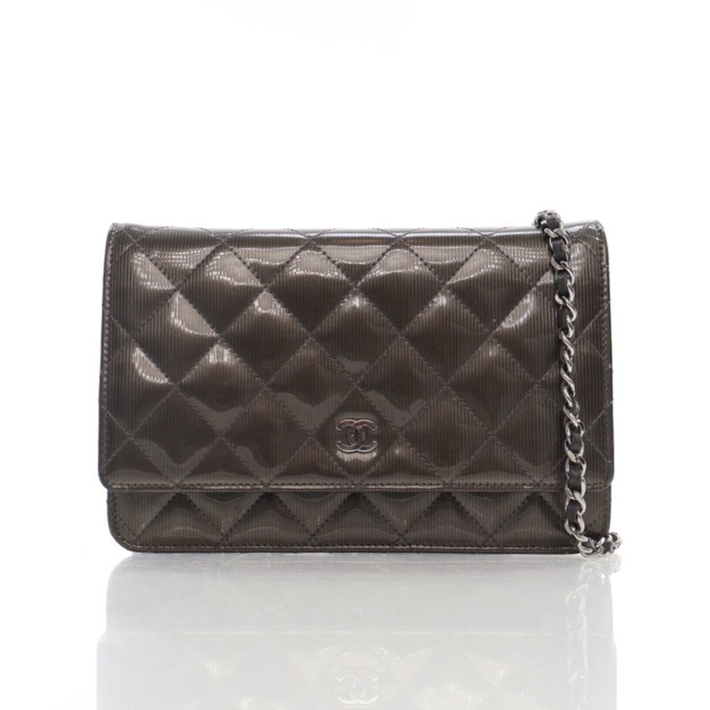 Chanel Striated Wallet On Chain (WOC) Grey Quilted Patent Silver Women's Bag