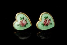 VINTAGE ENAMEL ROSE FLOWER STERLING HEART EARRINGS A804-49