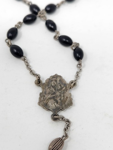 Vintage Sterling Silver Black Bead Virgin Mary Sacred Heart INRI Crucifix Rosary - Picture 21 of 24
