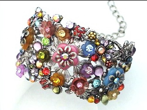 RAINBOW MULTI COLOR FLORAL CRYSTAL ACRYLIC SILVER ADJUSTABLE CUFF BRACELET NEW - Picture 2 of 2