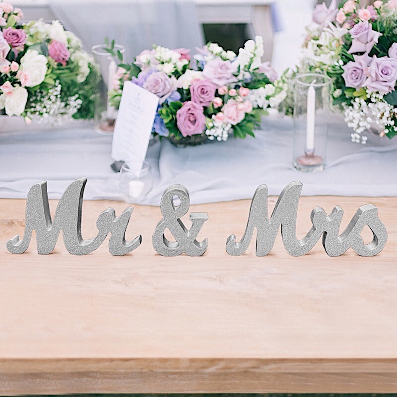 SILVER Glittered Wooden Mr & Mrs Freestanding Wedding Table DISPLAY SIGNS Party
