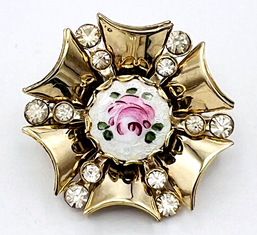 Vintage Gold Tone Enamel Rose Brooch Pin - Picture 5 of 8