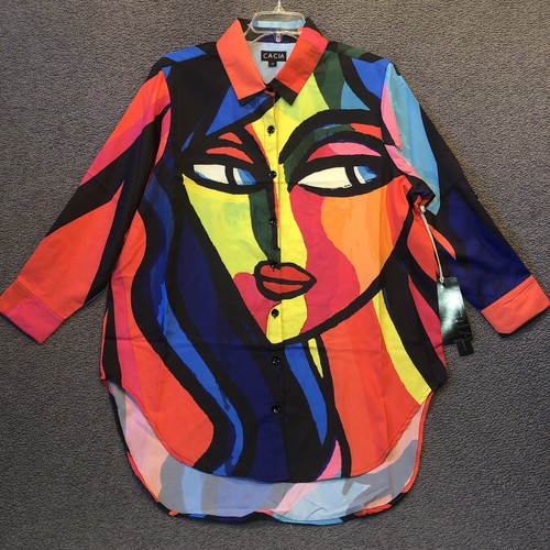 Cacia Blouse Shirt Womens 2X Picasso Sheer Multicolored Block Summer Fairy Art
