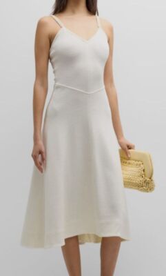 $2220 Jil Sander Women's Ivory Beaded Strap V-Neck Midi Dress Size 38