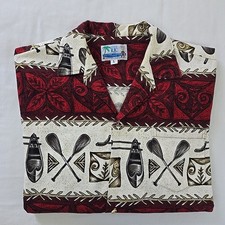 VTG RJC Barkcloth Hawaiian Shirt Canoe Outrigger Paddle Tribal Print Men's L USA