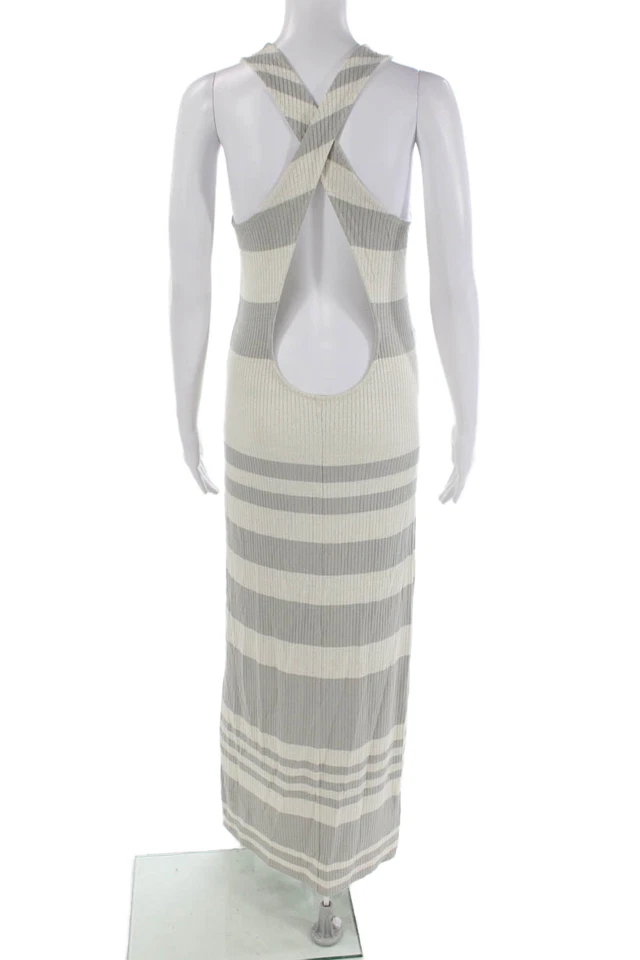 Espléndido Vestido Para Mujer Sin Mangas Cuello Redondo Tejido Rayas Gris Blanco Talla Pequeña Foto 3 de 4