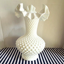 White Fenton Hobnail Vase Glossy Textured Ruffled Rim Impressed Backstamp
