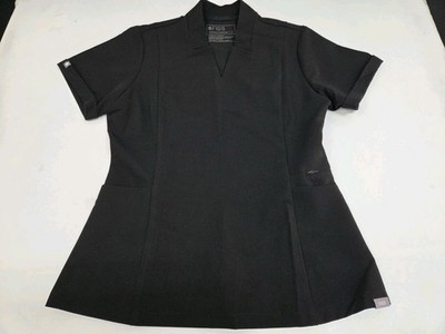 NWT Figs Inala Womens Short Sleeve Self Collar Cuffed Sleeve Slim Top Blk #8172