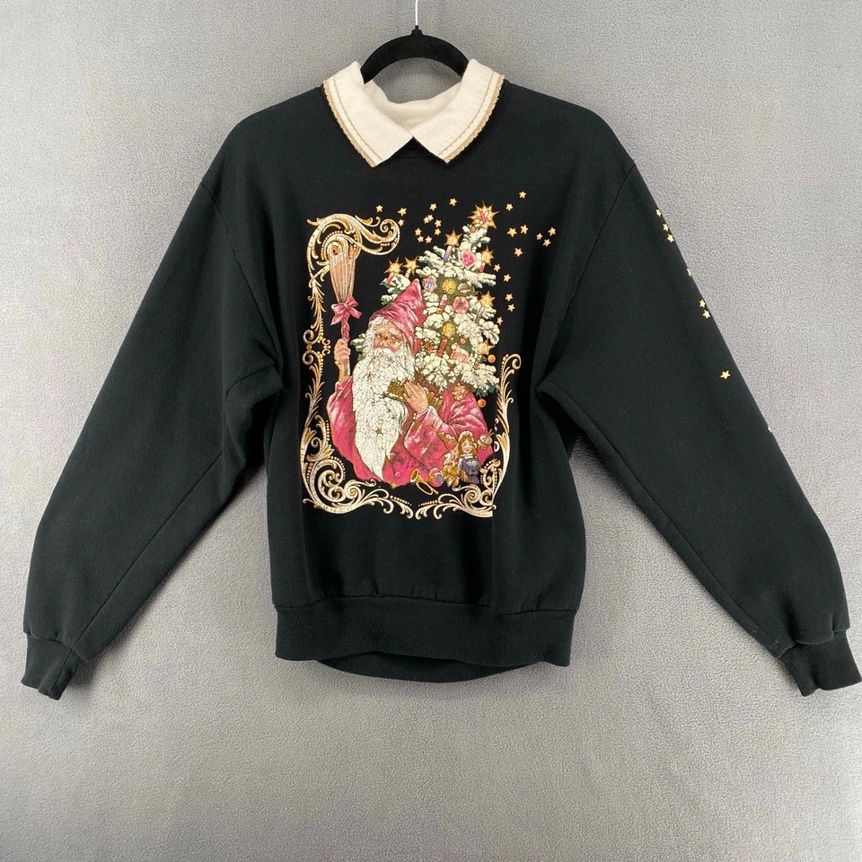 复古 80 年代 90 年代 Morning Sun Christmas 波西米亚圣诞老人拉过运动衫女式 S 黑色 — 第 4/4 张图片