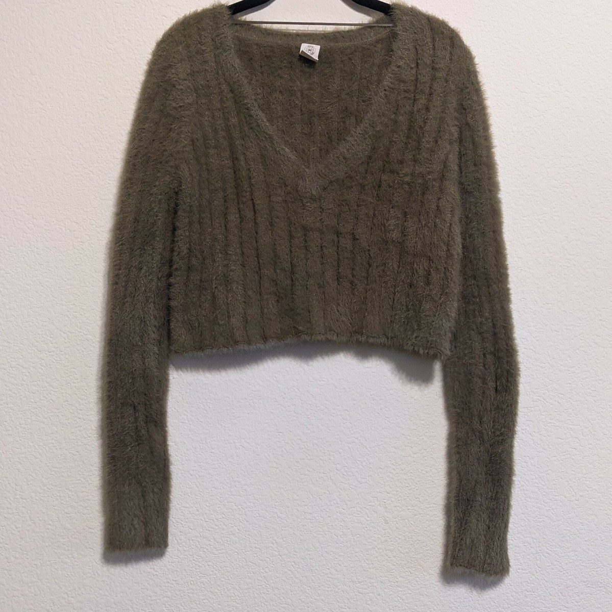 Urban Outfitters Olive Green Fuzzy Cropped Pullover Sweater Size