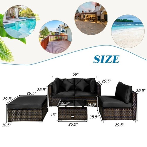 5-Piece Outdoor Patio Rattan Furniture Set Sectional Conversation Black Cushions - Picture 5 of 13