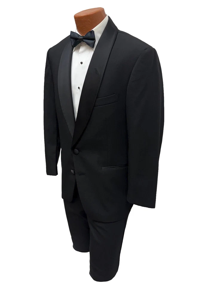 Perry Ellis Black Tuxedo with Flat Front Pants Shirt Studs & Bow Tie 44S 38W - Image 2 of 4