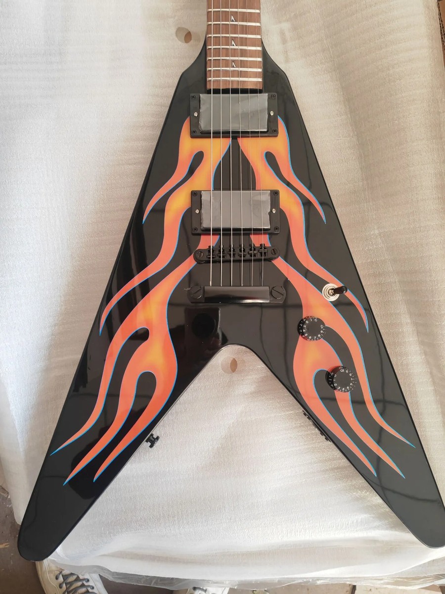 ギター JD-GUITARWORKS All flame maple Firebird Hot Sale V Orange Flames Electric Guitar M Ninja Star Inlay Black