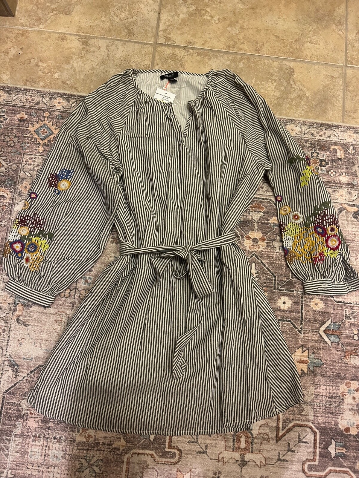 Main St Embroidered Dress Striped Grey White Floral Large