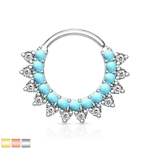 1pc Bendable Turquoise & CZ Gem Hoop Septum Ring Cartilage Daith Helix Tragus  - Picture 1 of 12