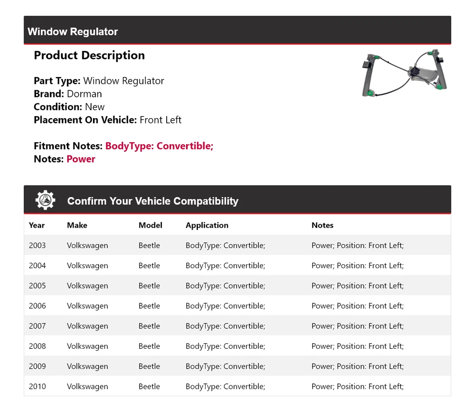 Regulador de ventana delantero izquierdo para Volkswagen Beetle 2003-2010 convertible Dorman Foto 2 de 4