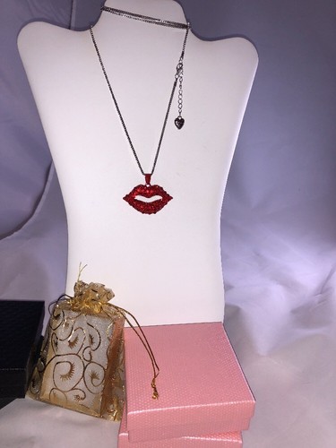 Betsey Johnson Necklace Lips Silver Sexy Red Crystals Gift Box - Picture 12 of 12