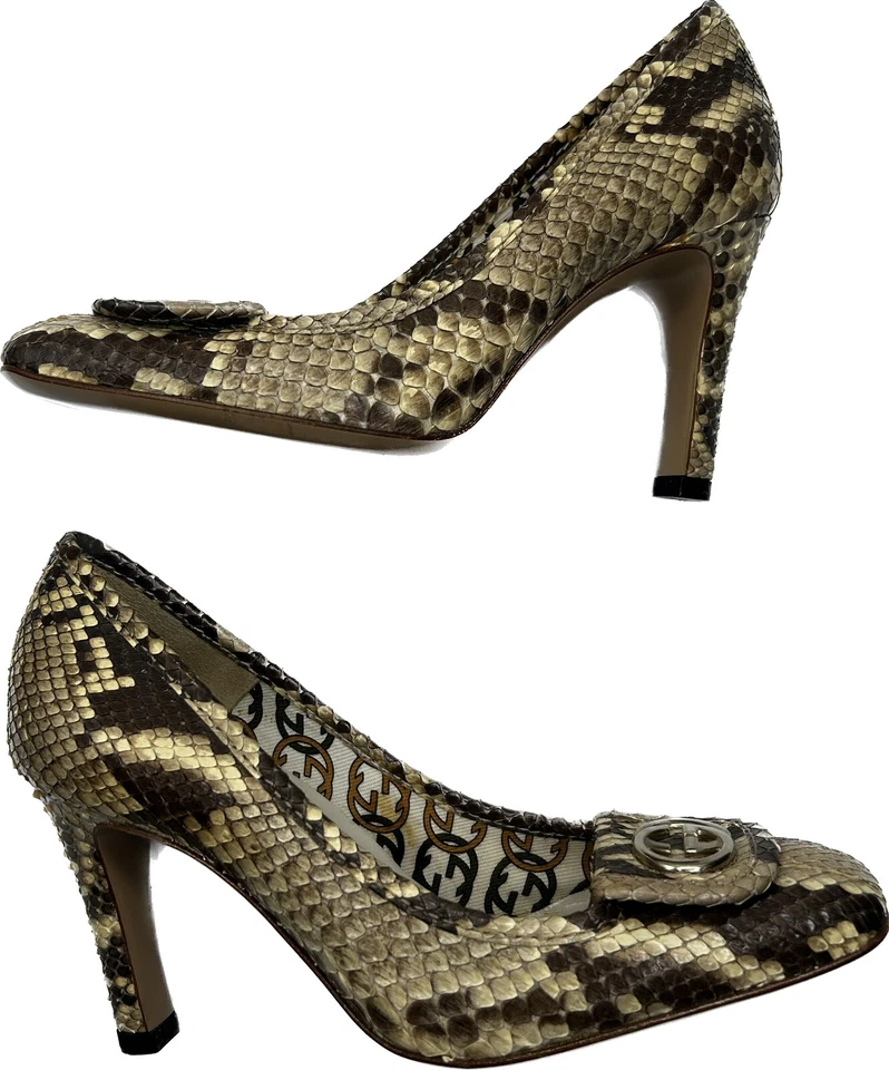 Zapatos de salón Gucci de piel de serpiente GG talla 4,5 beige logotipo de serpiente en relieve tacón alto tostado Foto 4 de 4