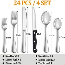24 Piece Silverware Set for 4 Stainless Steel Flatware Cutlery Kitchen Utensils