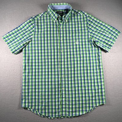 Chaps Easy Care Green Blue & White Checked Short Sleeve Button Up Men's Lrg/Tall