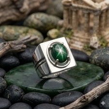 Vintage Green Star Sapphire Ring, 925 Sterling Silver Handmade Heavy Signet Ring