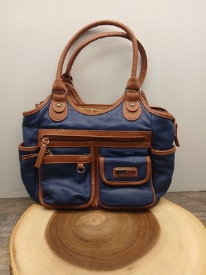 MultiSac Blue/Brown Organizer Shoulder Bag Faux Leather Purse Multi Pocket ''READ