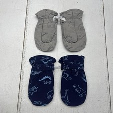 Dinosaur Mittens Boys Size Medium Navy Gray Fleece Lined Winter Snow 2 Pair Set