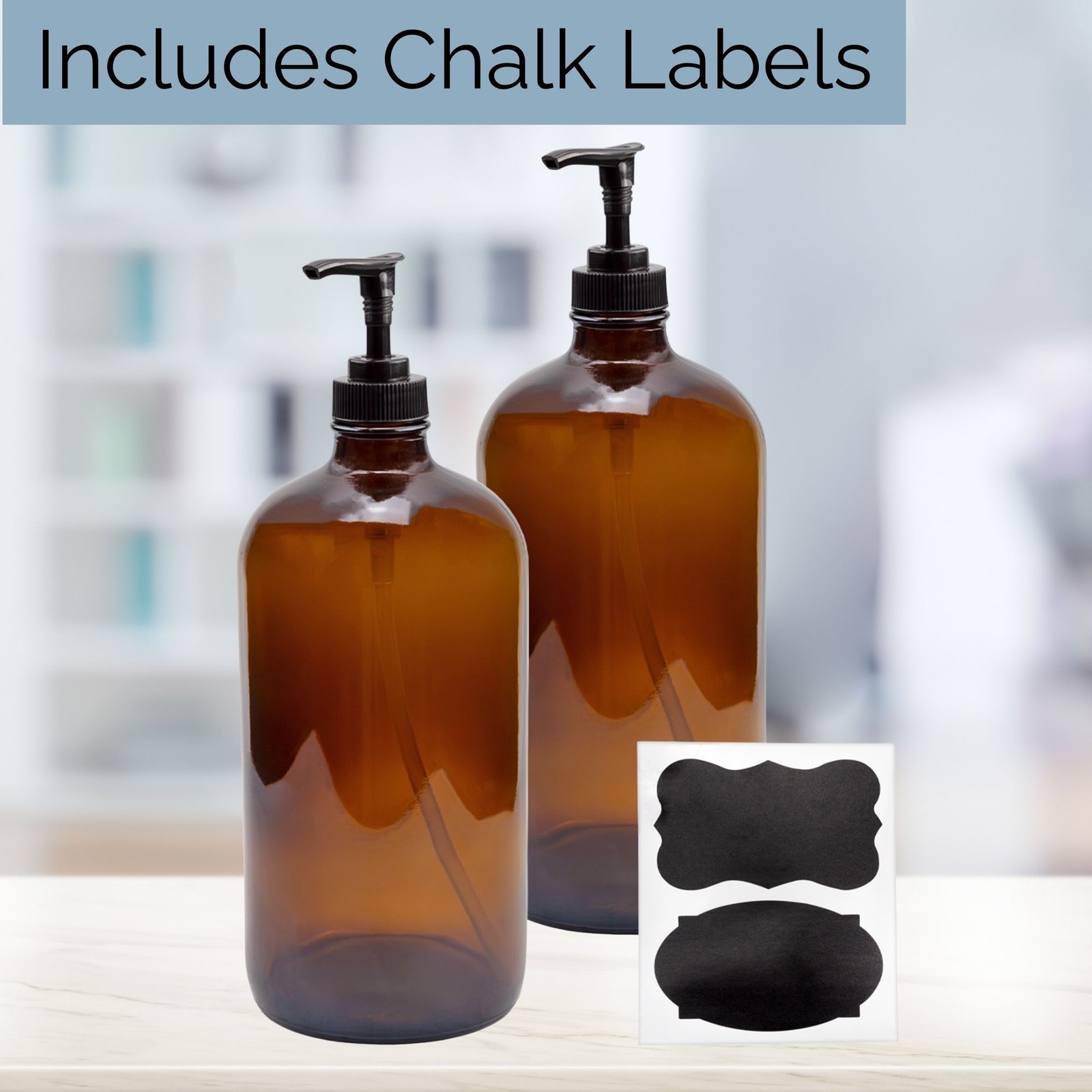 32oz Amber Glass Lotion Pump Bottles w/ Black Pumps and Labels 2pk