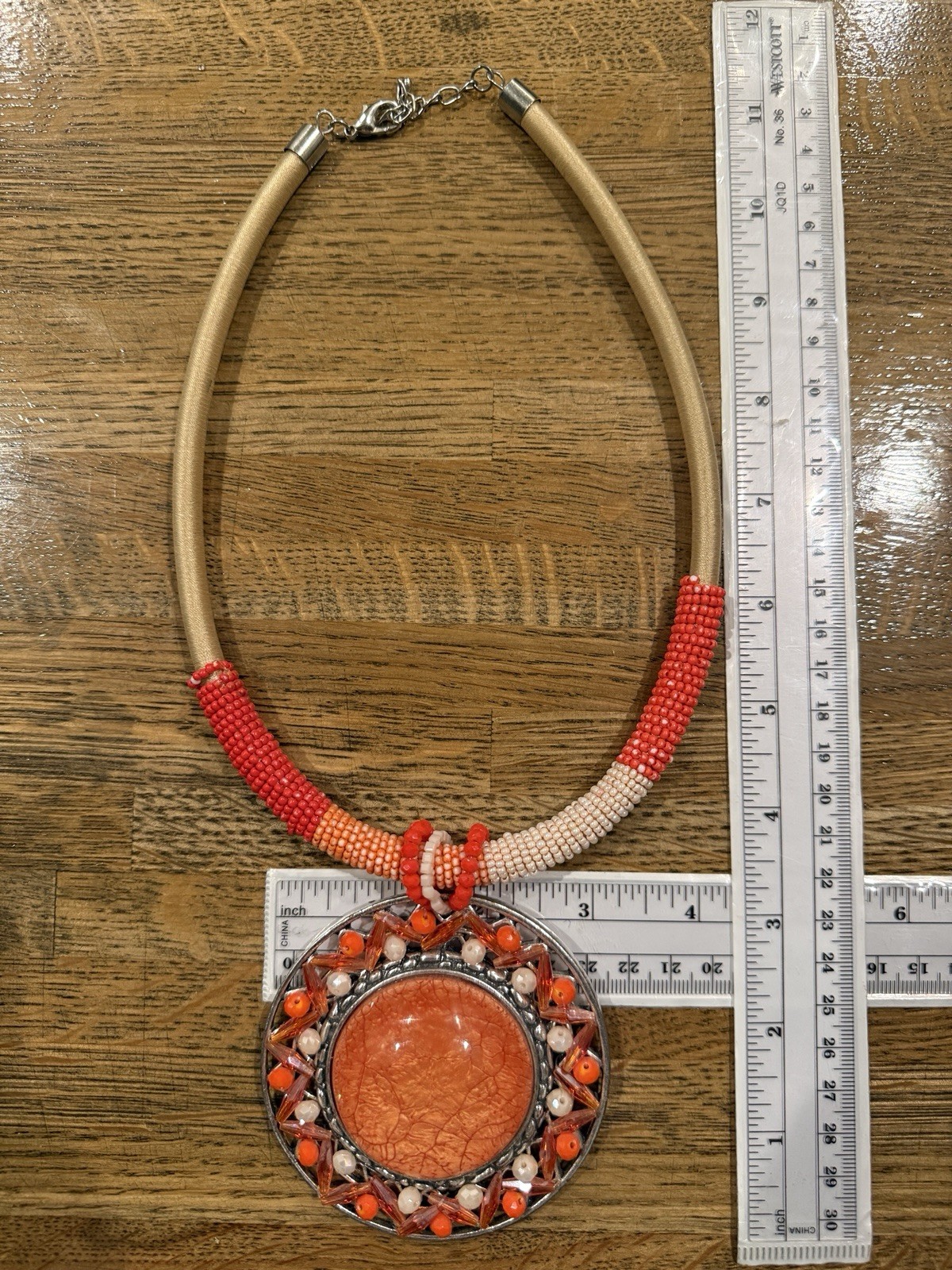 Boho Beaded Statement Necklace Orange Pendant Wra… - image 3