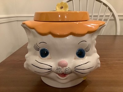 Vintage Cat Kitty Cookie Jar Miss Priss Style Hand Painted OrangeW/Blue Eyes T10