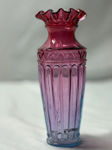 Vintage Fenton Mulberry to Blue Ombre Vase Paneled Column Arch Crimped Edge '90s