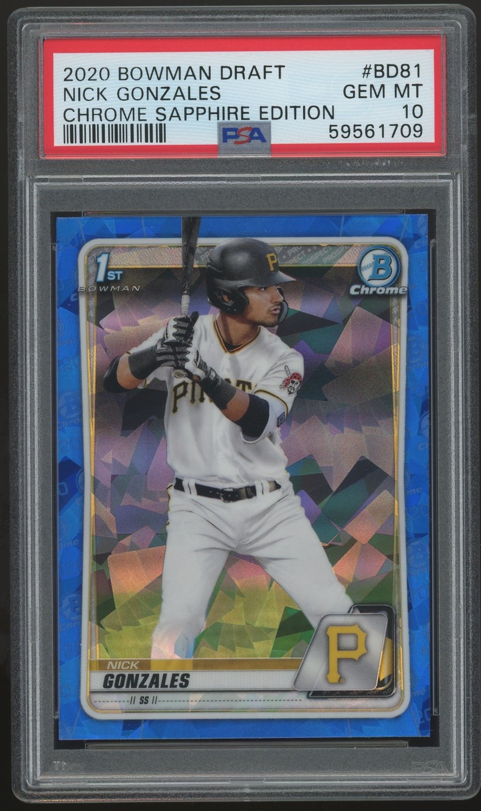 NICK GONZALES 2020 BOWMAN DRAFT CHROME SAPPHIRE PSA 10 GEM MINT BD81 PIRATES 709