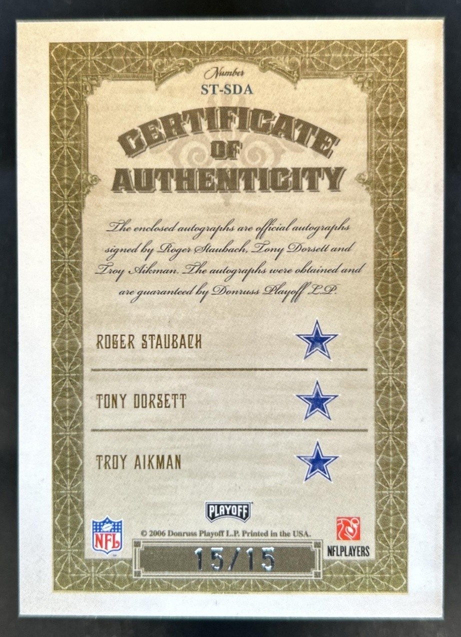 2006 National Treasures Roger Staubach Tony Dorsett Troy Aikman Trios Auto #/15 view 2