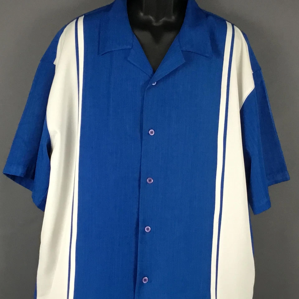 Camisa Montique Para Hombres 2XL Azul Blanco Bowling Camp Botón Frontal Raya Vertical Foto 4 de 4