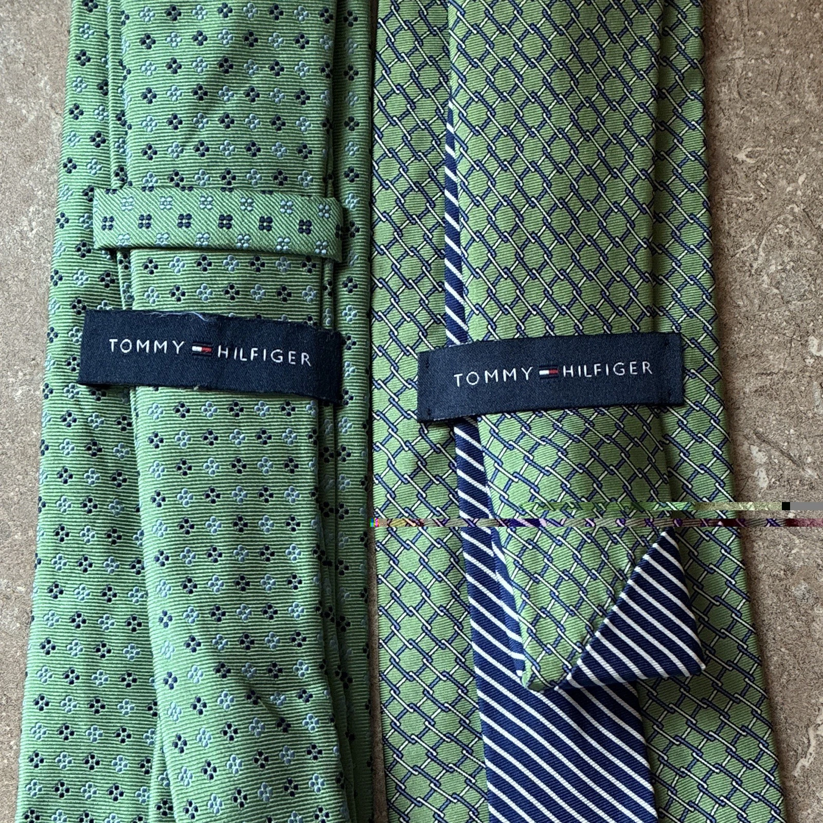 Tommy Hilfiger Lot of 2 Men's Silk Self-Tie Green/Blue Geometric Logo image 2