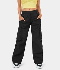 Halara Low Rise Button Zipper Side Pocket Wide Leg Casual Cargo Pants Black XL